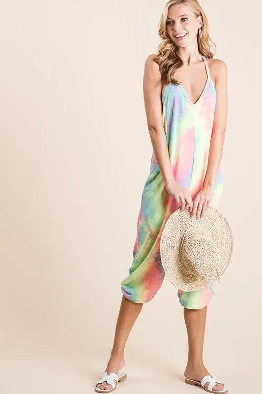 Tie Dye French Terry Mid-Length Casual Jumpsuit - Cute Summer Clothes - In Style Chics Boutique Women's Juniors Apparel Online Ship from USA
