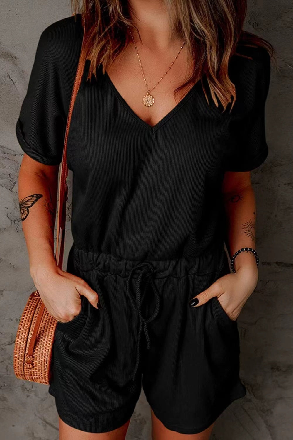 Full Size Drawstring V-Neck Short Sleeve Romper - More Colors! - In Style Chics Boutique LLC