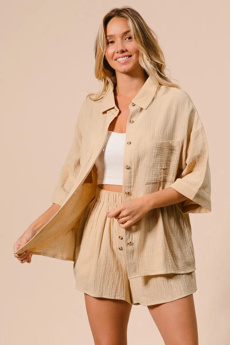 Crinkle Gauze Shirt and Short Set For Women - In Style Chics Boutique Women's Juniors Cute Clothes Online