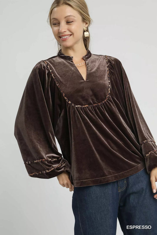 Velvet Long Sleeve Blouse with Contrast Trim at In Style Chics Boutique
