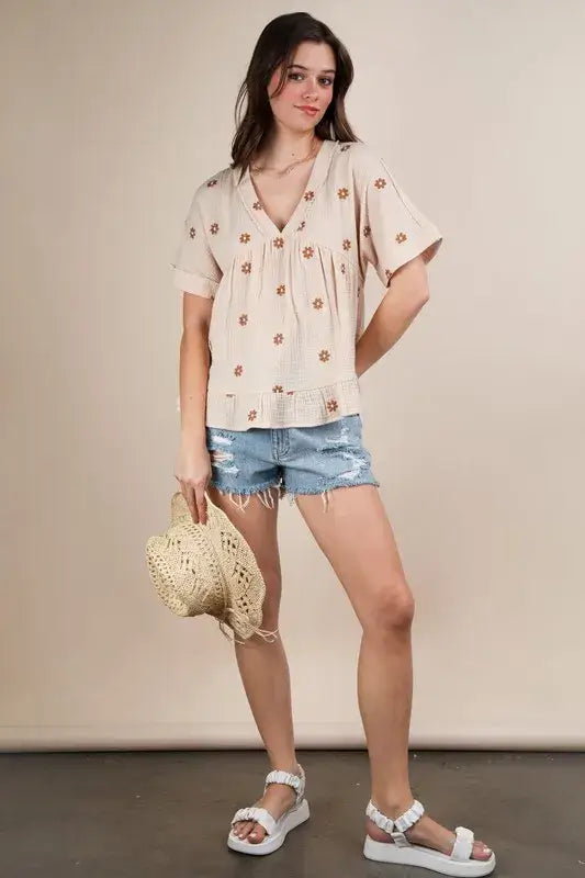 Flower Embroidered Woven Blouse