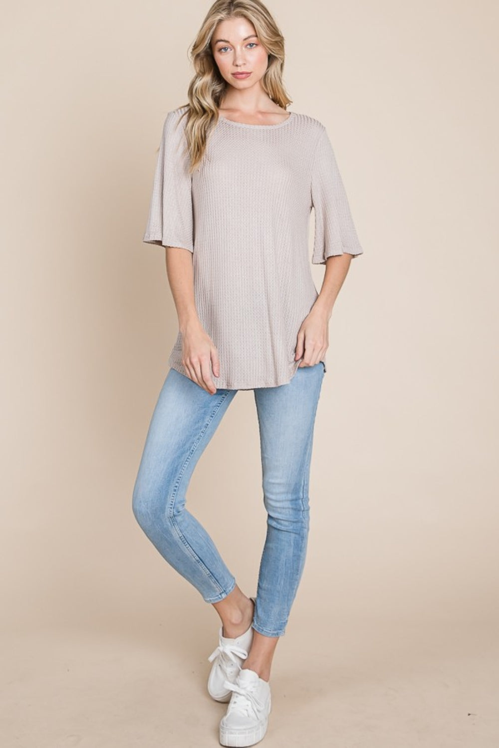 BOMBOM Round Neck Waffle Knit T-Shirt - In Style Chics Boutique LLC