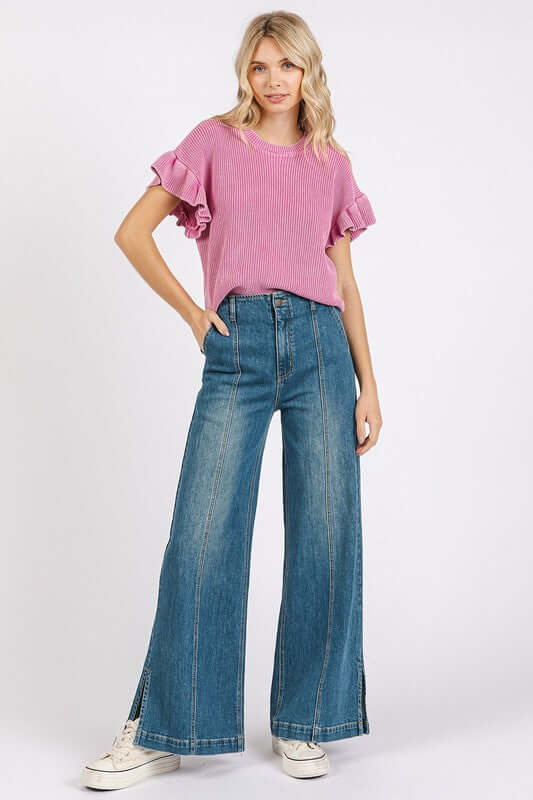 Women's Juniors Medium Wash Seam Detail Wide Leg Denim Jeans - Cute Clothes Online - In Style Chics Boutique