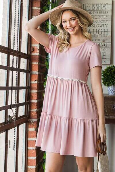 Solid Mini Tiered Dress with Pompom Lace - In Style Chics Boutique