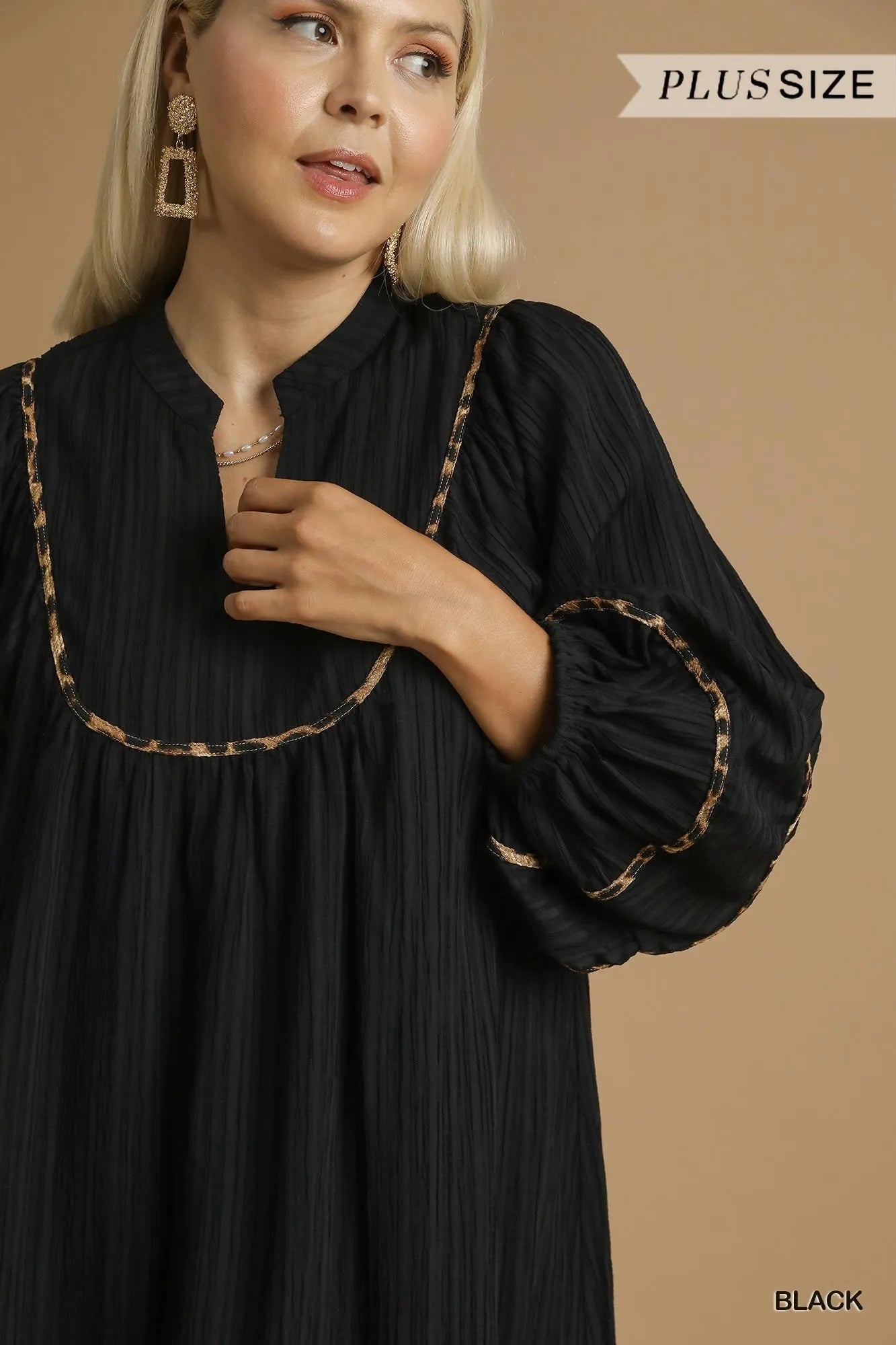 Textured Babydoll Dress with Leopard Trim at In Style Chics Boutique