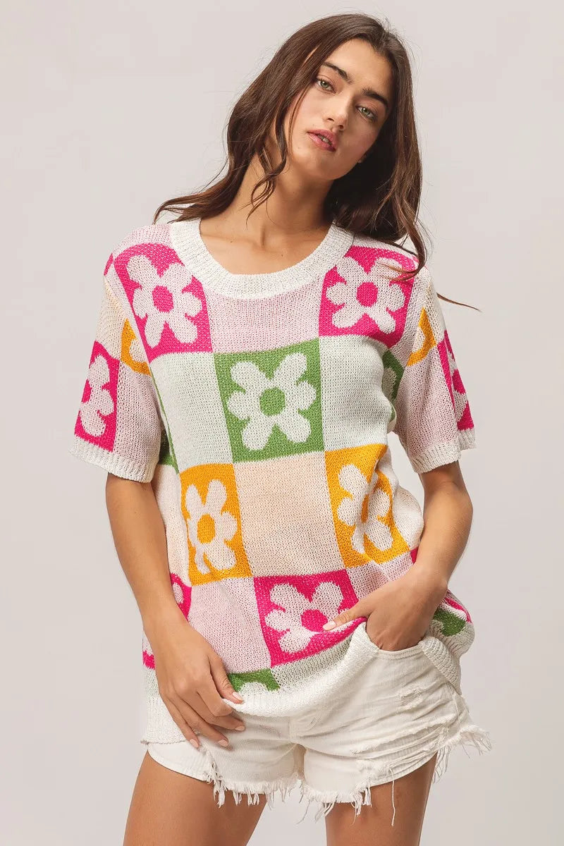 Sweater Top, Flower Checker Pattern Lightweight In Style Chics Boutique Where to buy stylish women’s clothes