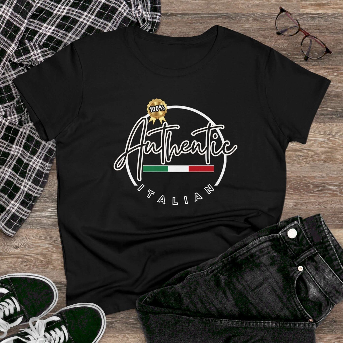 Women's Midweight Cotton Graphic T "100% Authentic Italian" in Black or Red - In Style Chics Boutique LLC