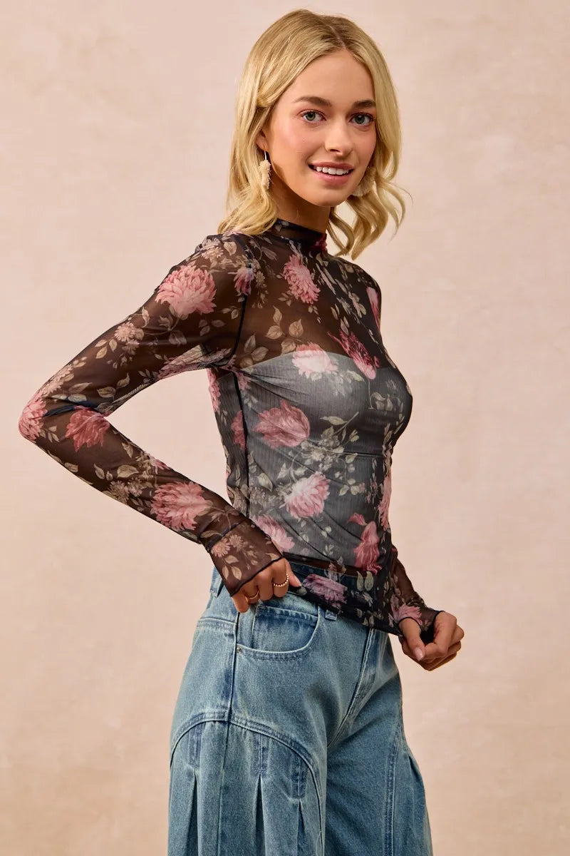 Flower Printed Mesh Lace Top with Thumb Opening at In Style Chics Boutique