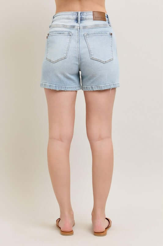 Judy Blue Frayed Hem High Rise Denim Shorts with Pockets - In Style Chics Boutique Women's Juniors Plus Size Apparel Online
