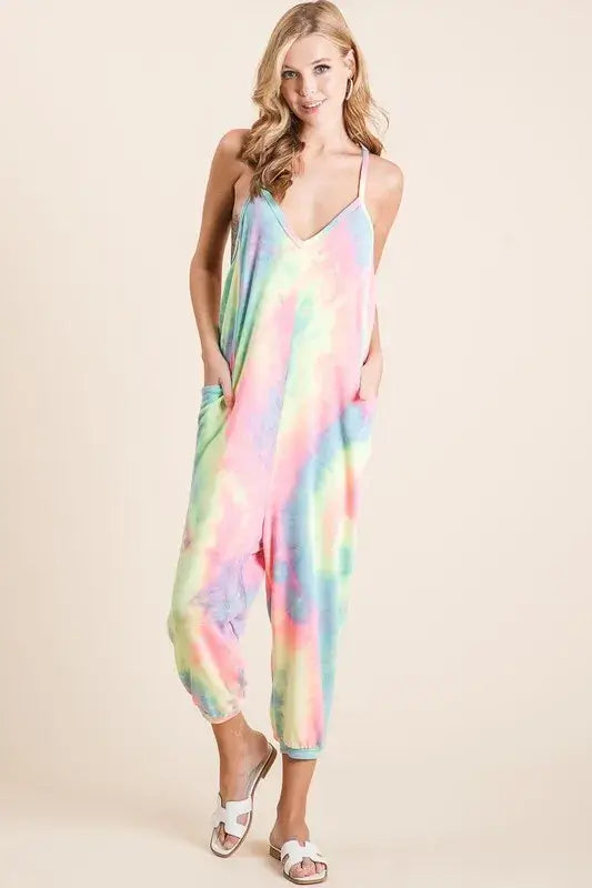 Tie Dye French Terry Mid-Length Casual Jumpsuit - Cute Summer Clothes - In Style Chics Boutique Women's Juniors Apparel Online Ship from USA