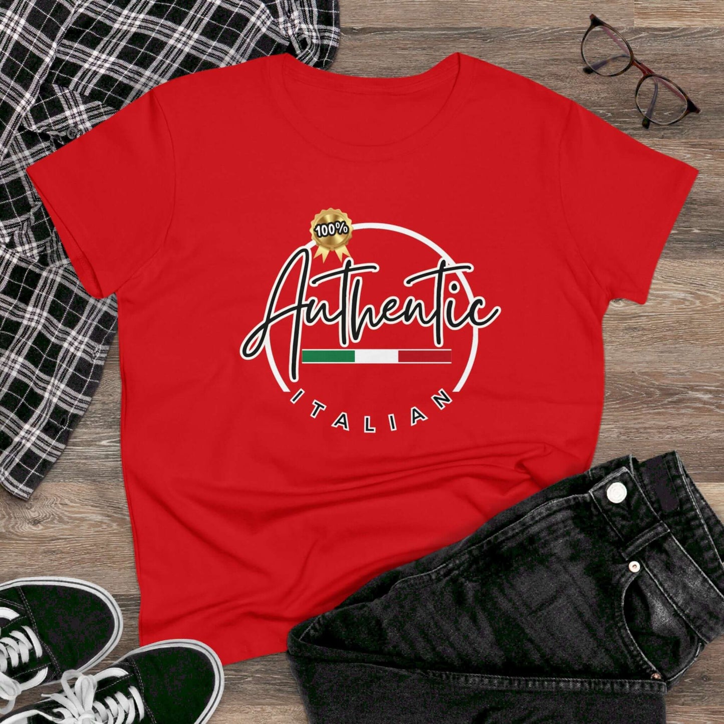 Women's Midweight Cotton Graphic T "100% Authentic Italian" in Black or Red - In Style Chics Boutique LLC