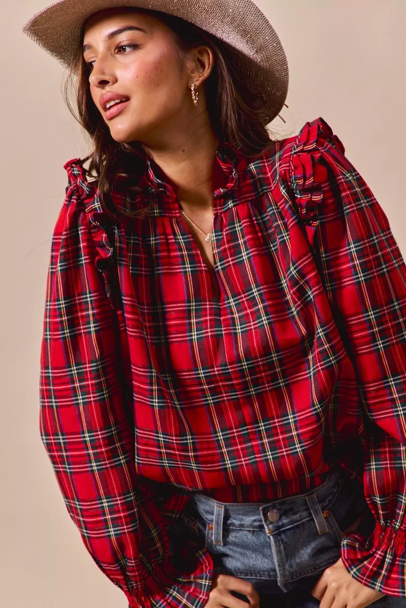 Christmas Checkered Plaid Smocked ♥️ Blouse at In Style Chics Boutique