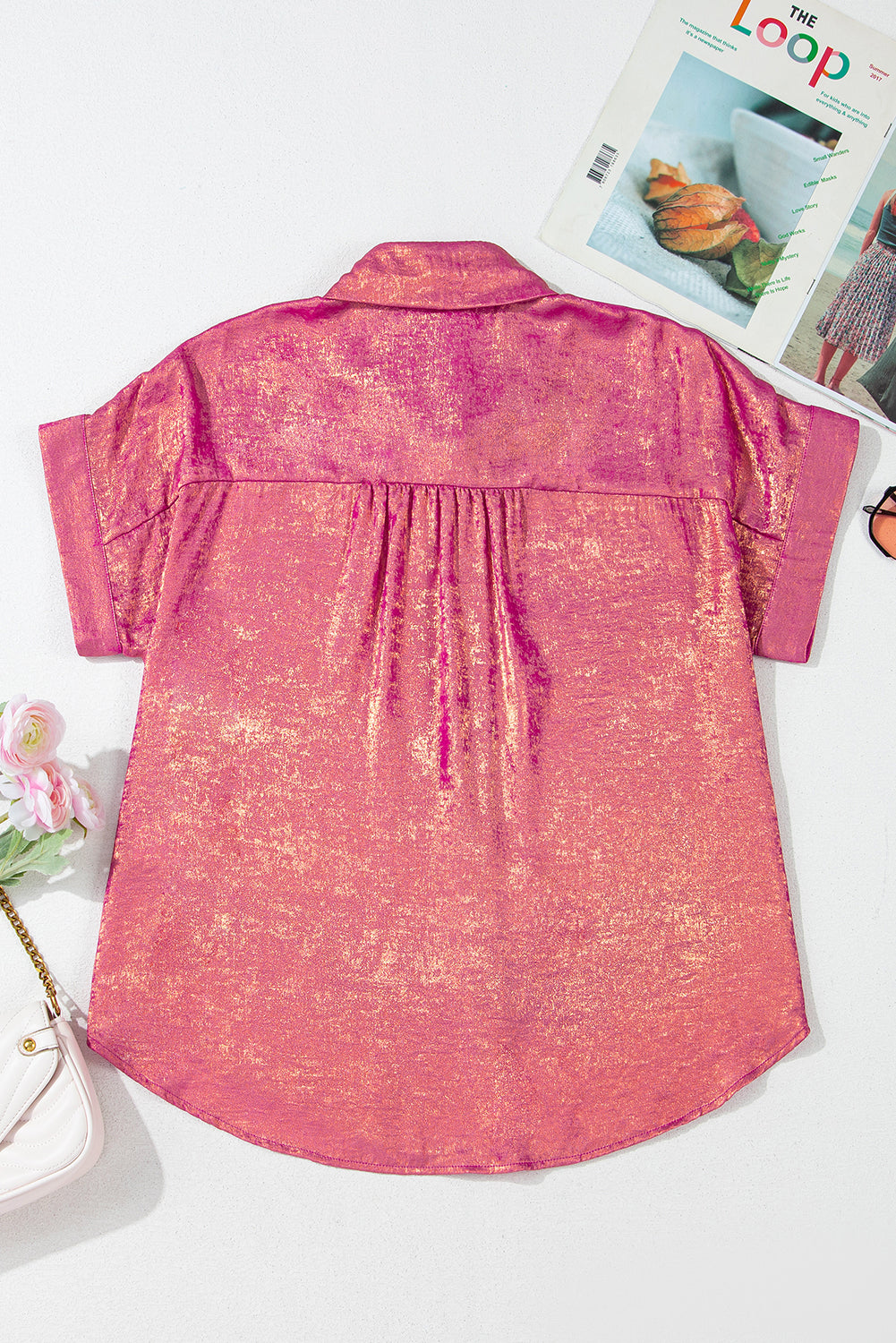 Rose Red Metallic Sheen Short Sleeve Buttoned Front Shirt - Cute Clothes In Style Chics Boutique Online Clothing Women's Juniors Free Shipping
