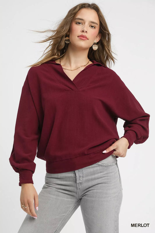 Linen Long Sleeves Elastic Hem Blouse in Merlot at In Style Chics Boutique
