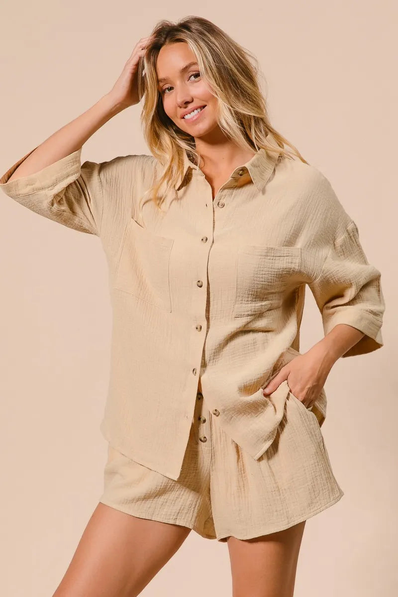 Crinkle Gauze Shirt and Short Set For Women - In Style Chics Boutique Women's Juniors Cute Clothes Online