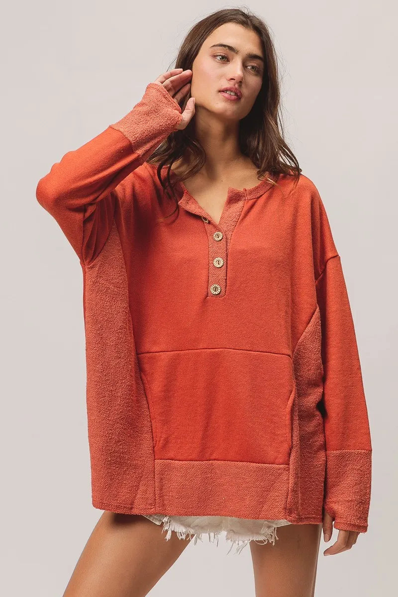 French Terry Knit Side Block Buttoned Henley Top at In Style Chics Boutique