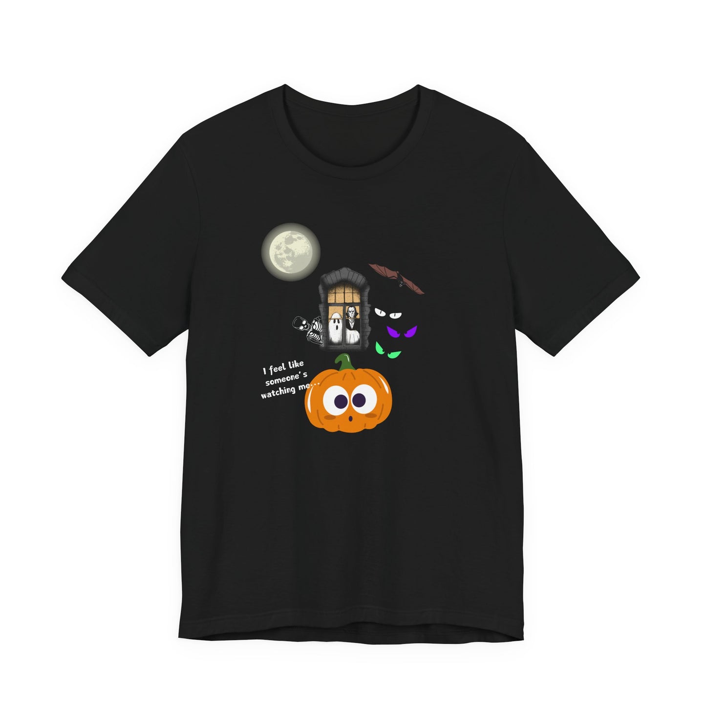 Black t-shirt with Halloween-themed design featuring a pumpkin, moon, and ghost house