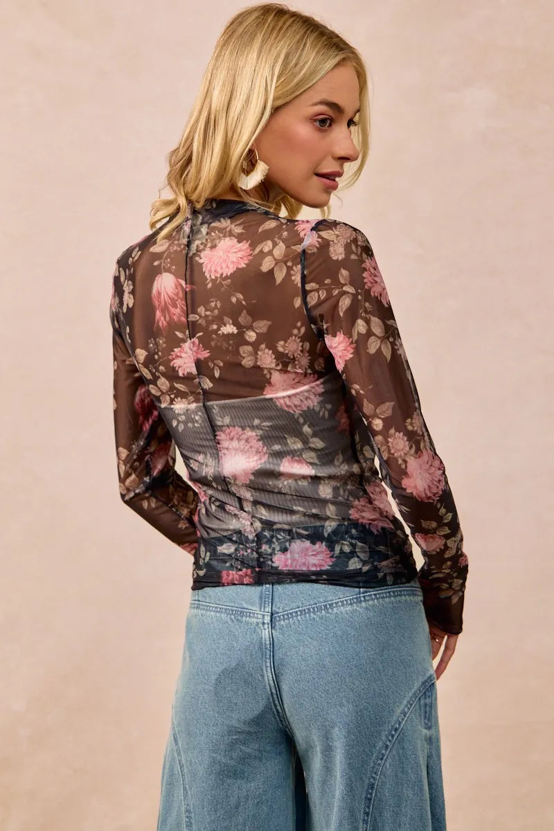 Flower Printed Mesh Lace Top with Thumb Opening at In Style Chics Boutique