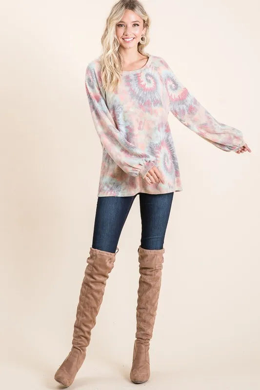 Brushed Tie Dye Print Top with Puff Sleeves at In Style Chics Boutique Fall 2025 Women's Fashion