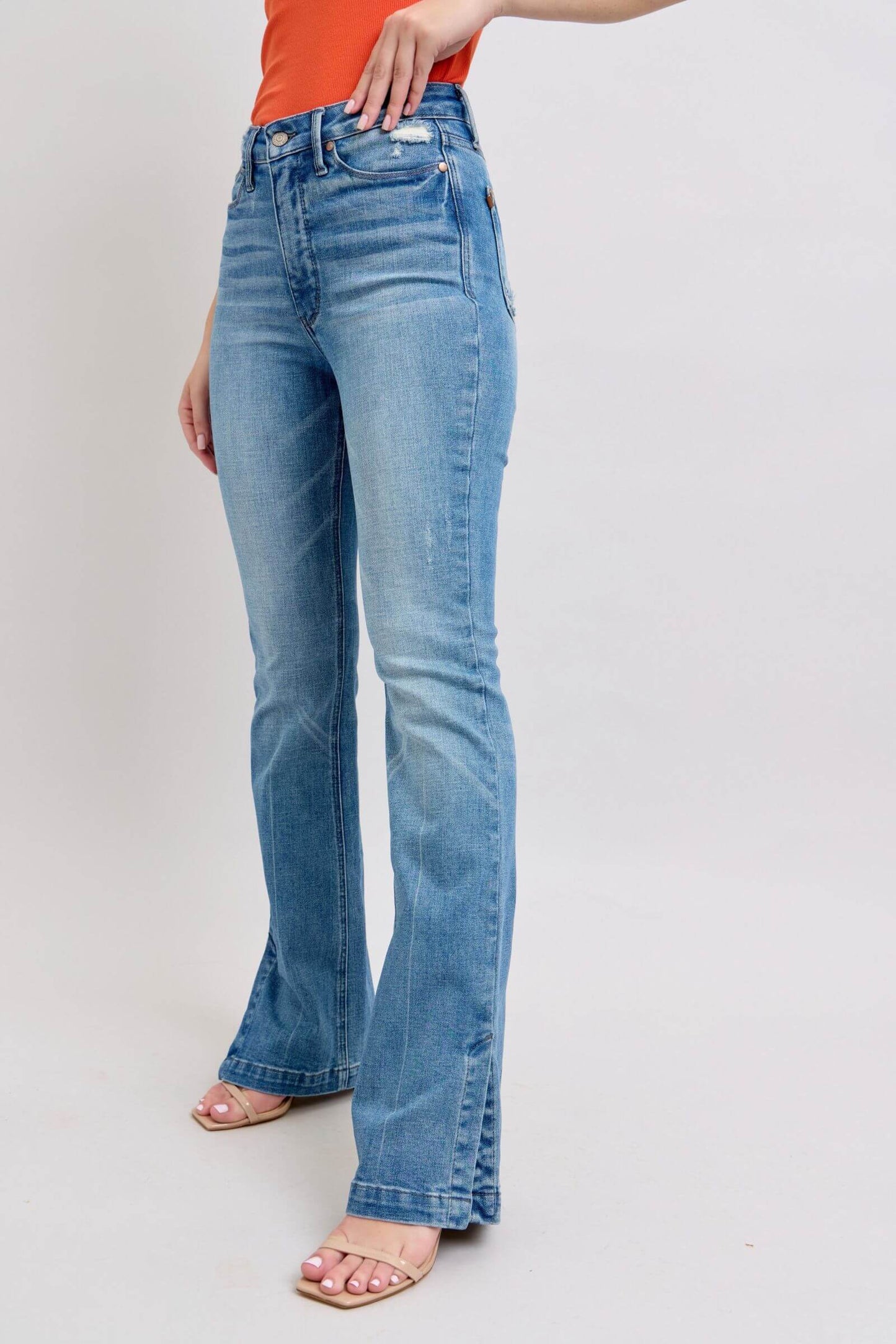 High Waist Tummy Control Vintage Wash Side Slit Slim Boot Jeans - In Style Chics Boutique Online Clothing Women's Juniors Plus Size Apparel
