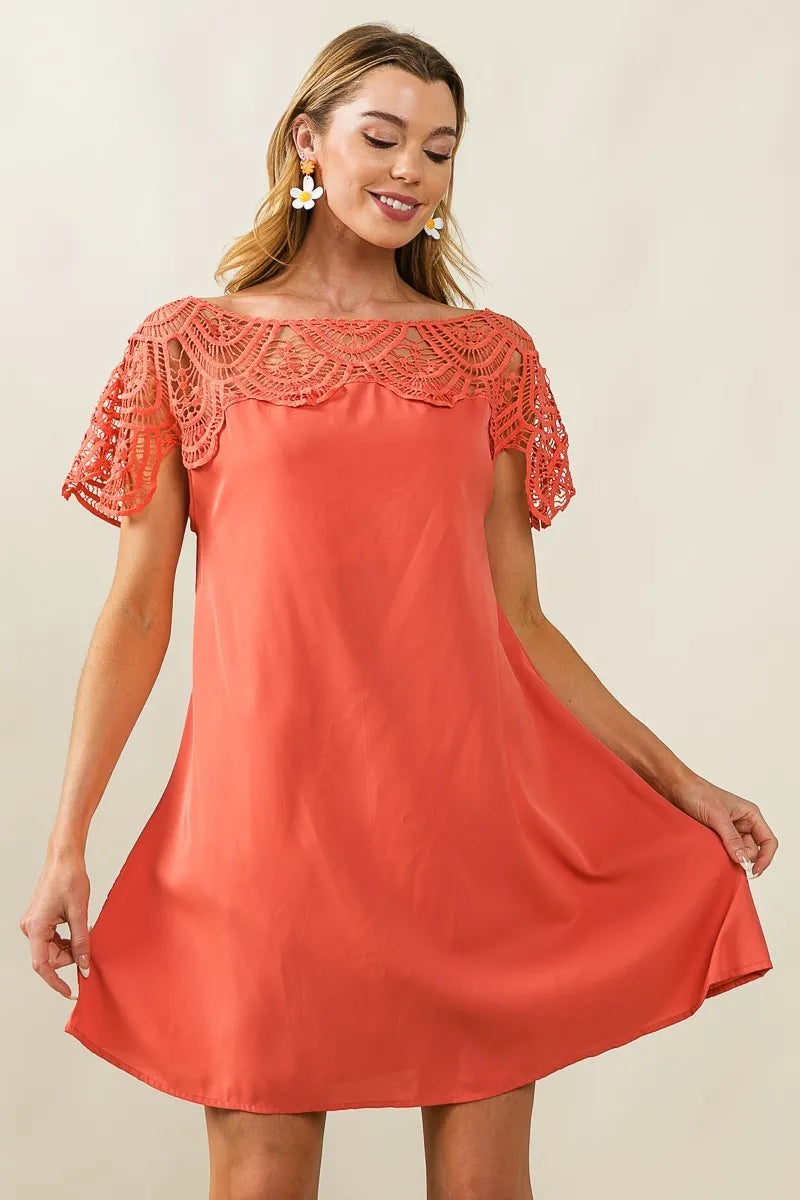 Crochet Lace Yoke Detailed Wrinkled Dress - In Style Chics Boutique Women's Juniors Clothes
