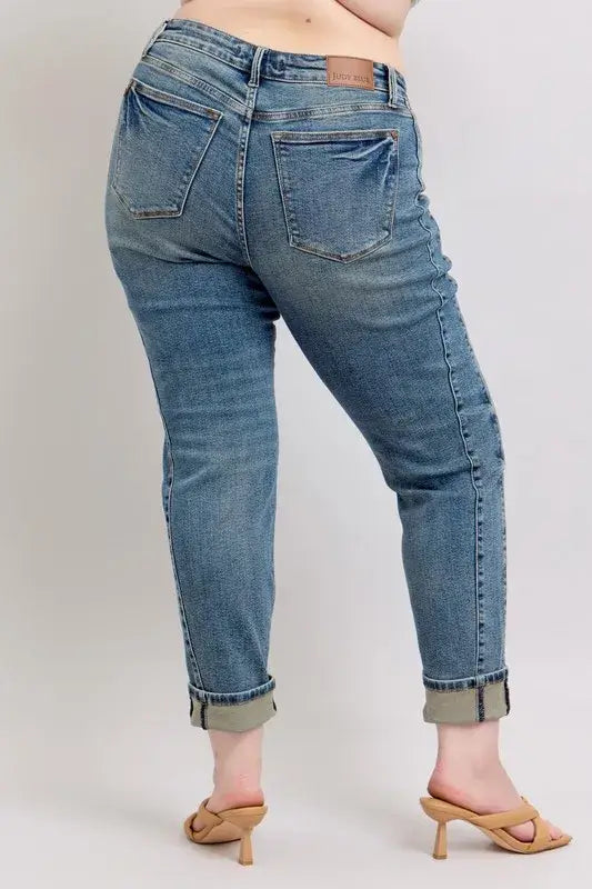 Judy Blue Mid Rise Vintage Wash Double Roll Cuff Boyfriend Jeans - In Style Chics Boutique Women's Juniors Plus Size Apparel Online