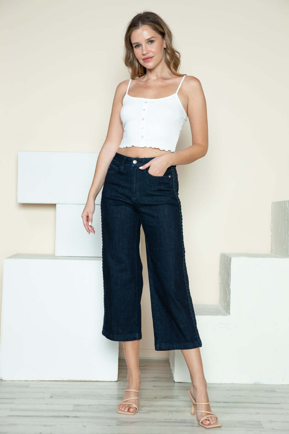Judy Blue Full Size Side Seam Braid Detail Crop Wide Leg Jeans - In Style Chics Boutique LLC