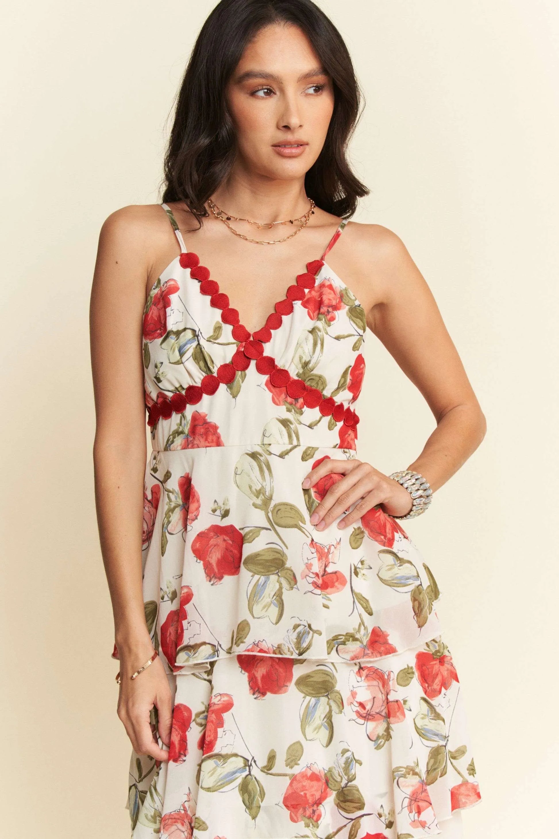 Maxi Cami Dress, Contrast Ring Lace Layered Ruffle - In Style Chics Boutique