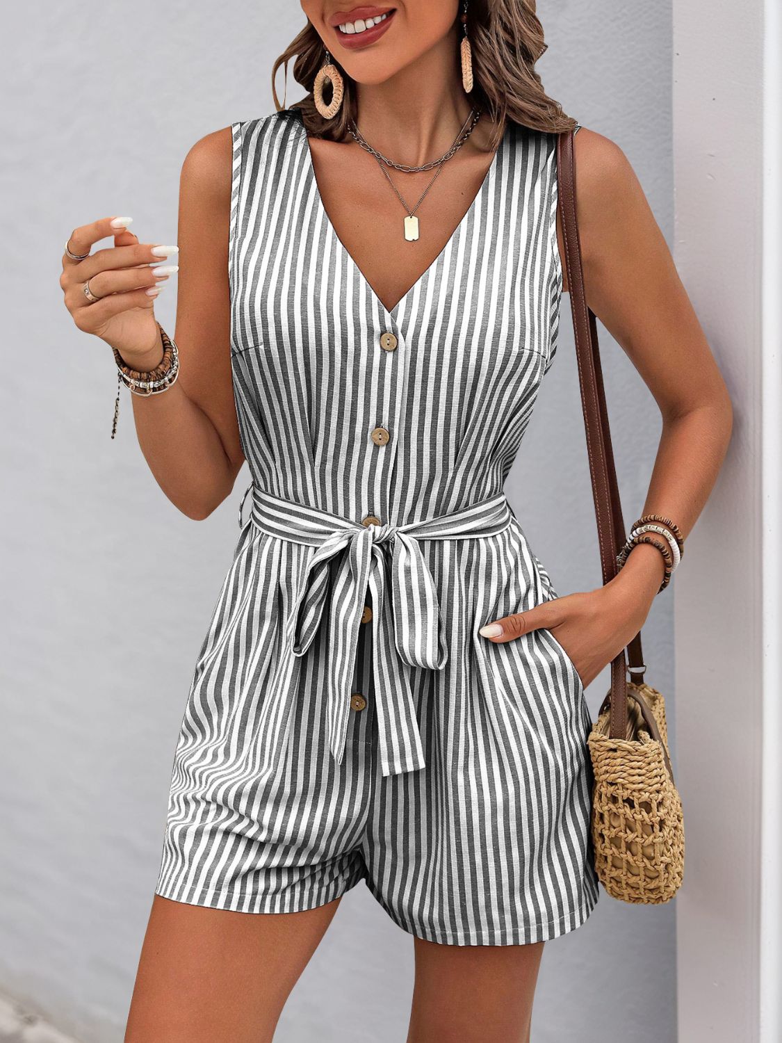 Striped V-Neck Tie Waist Romper - Cute Clothes - In Style Chics Boutique Women's Juniors Online Fashion
