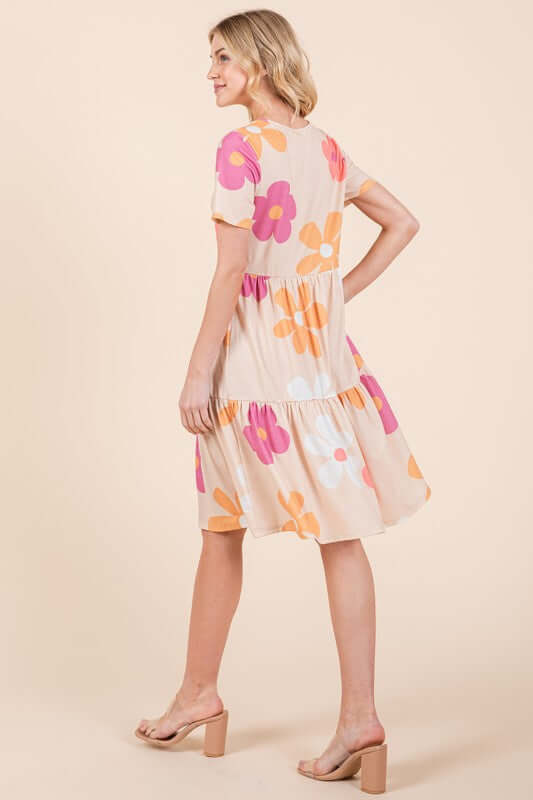 BOMBOM Floral Round Neck Short Sleeve Tiered Dress - In Style Chics Boutique Clothing Women's Juniors Apparel Cute Clothes - Made in USA Online