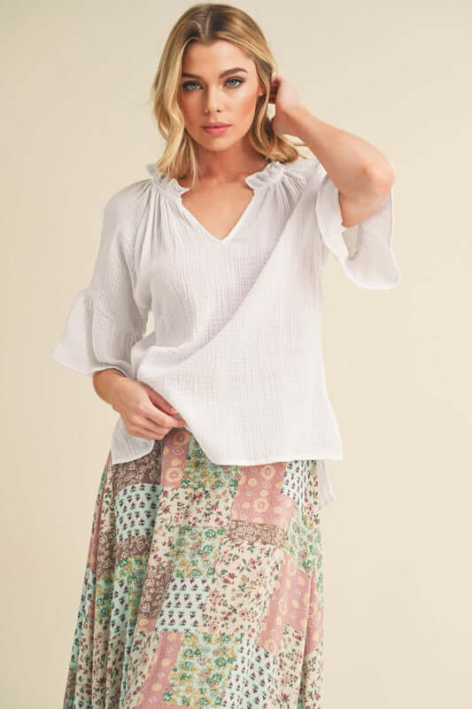 Aemi + Co Side Slit Notched Ruffled Half Sleeve Blouse - Cute Clothes Online - In Style Chics Boutique Women's Juniors Apparel