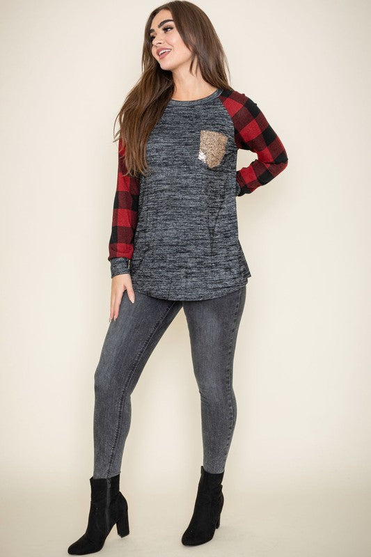 Checker Sleeve Sequin Pocket Tunic - In Style Chics Boutique LLC