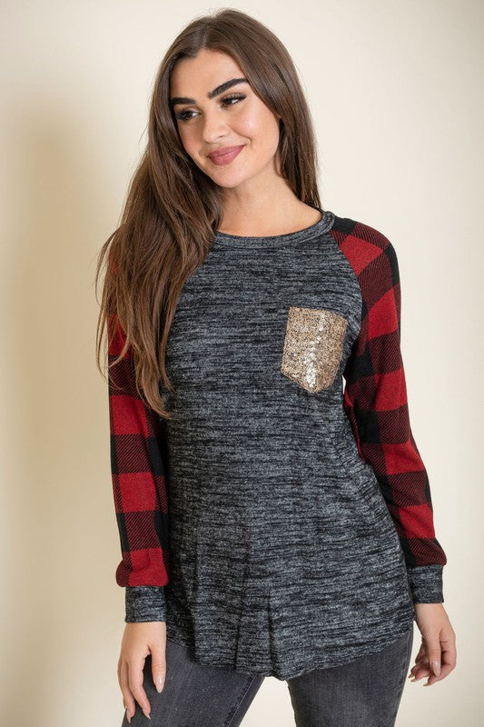 Checker Sleeve Sequin Pocket Tunic - In Style Chics Boutique LLC