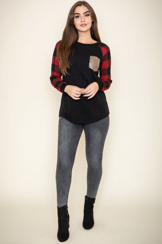 Checker Sleeve Sequin Pocket Tunic - In Style Chics Boutique LLC