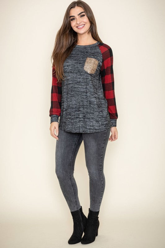Checker Sleeve Sequin Pocket Tunic - In Style Chics Boutique LLC