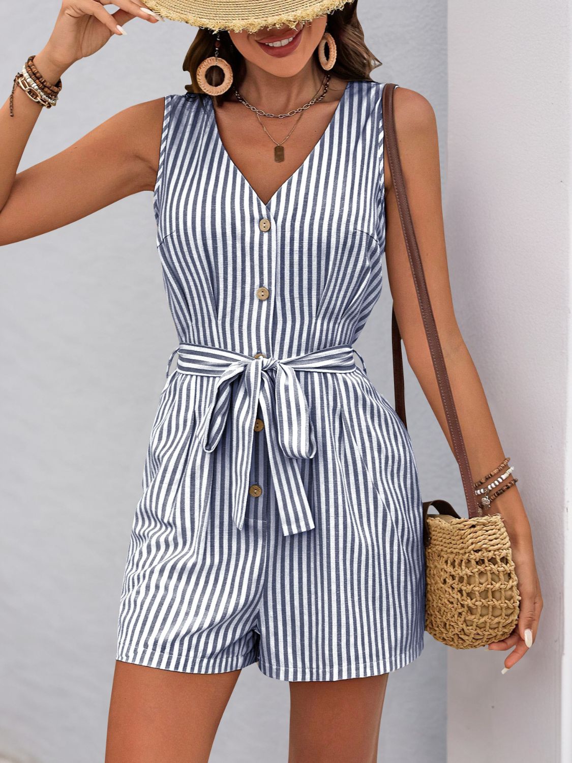 Striped V-Neck Tie Waist Romper - Cute Clothes - In Style Chics Boutique Women's Juniors Online Fashion