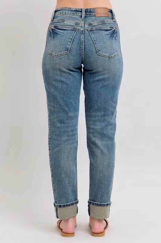 Judy Blue Mid Rise Vintage Wash Double Roll Cuff Boyfriend Jeans - In Style Chics Boutique Women's Juniors Plus Size Apparel Online