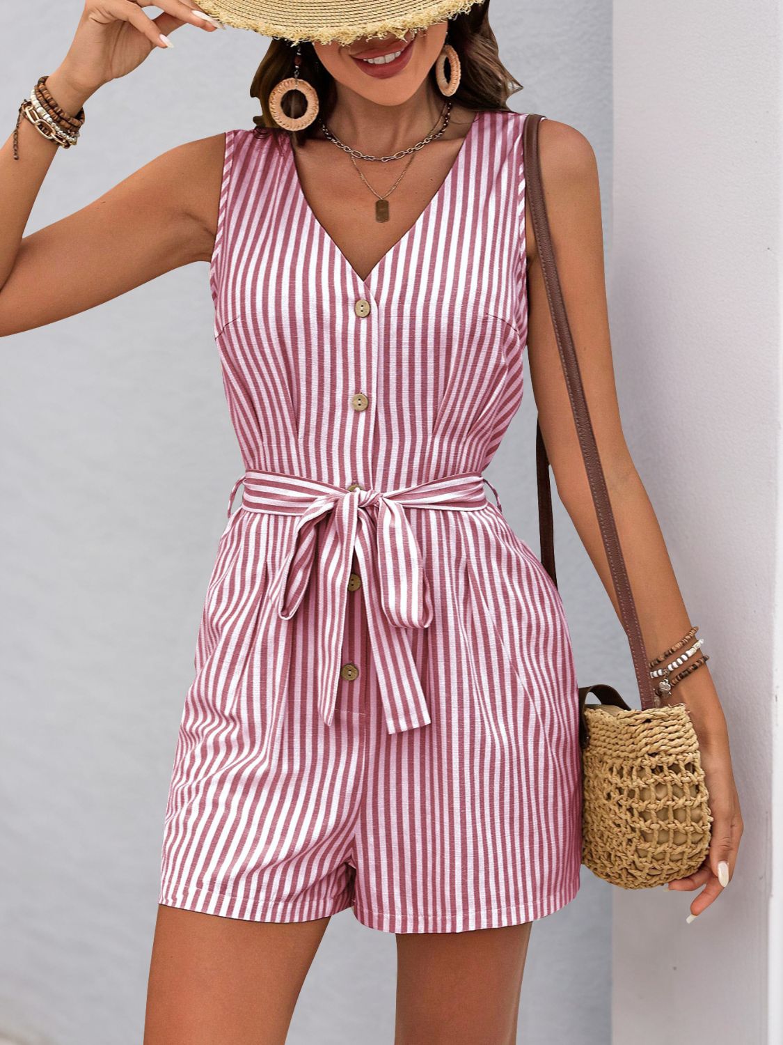 Striped V-Neck Tie Waist Romper - Cute Clothes - In Style Chics Boutique Women's Juniors Online Fashion
