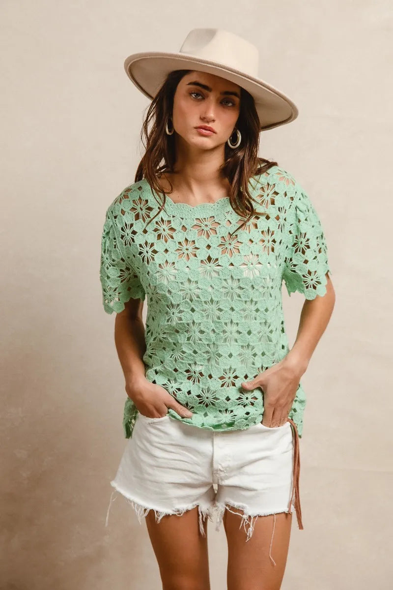 Openwork Crochet Short Sleeve Knit Top at In Style Chics Boutique
