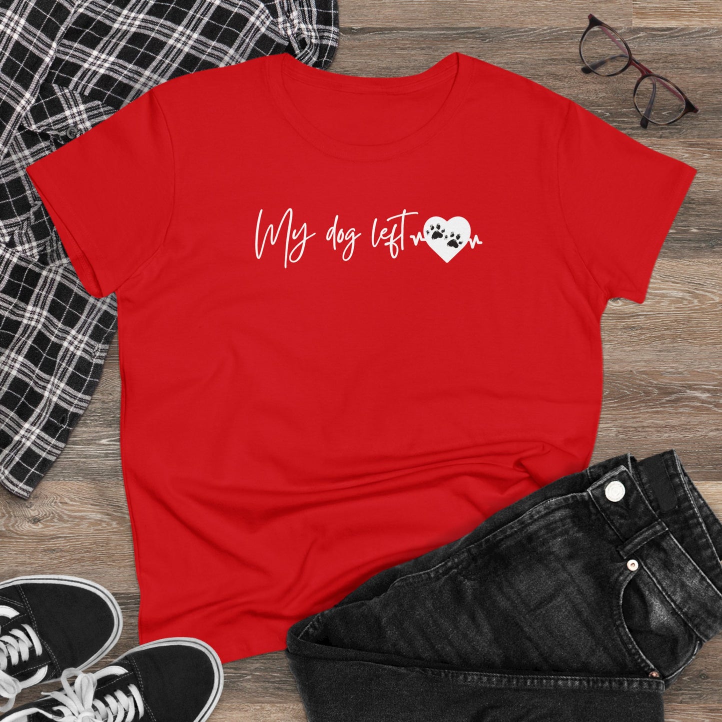 Women's Midweight Cotton Graphic Tee - "My dog left paw prints on my heart" - In Style Chics Boutique LLC