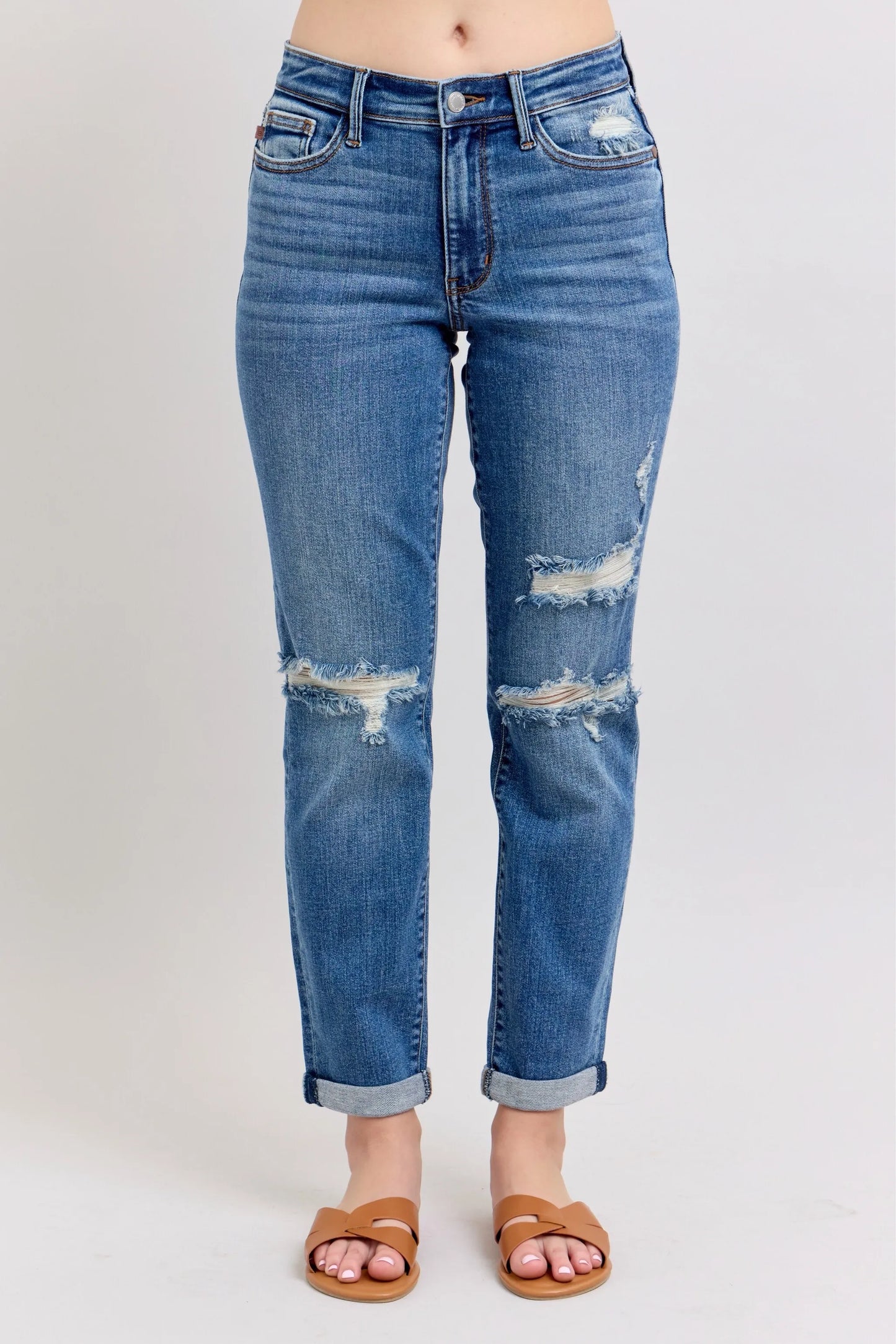 Judy Blue Medium Rise Vintage Wash Distressed Boyfriend Jeans - In Style Chics Boutique Women's Juniors Plus Size Clothes Online
