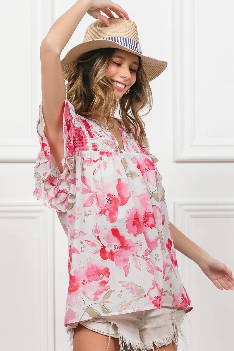 Floral Print Flutter Sheer Top at In Style Chics Boutique