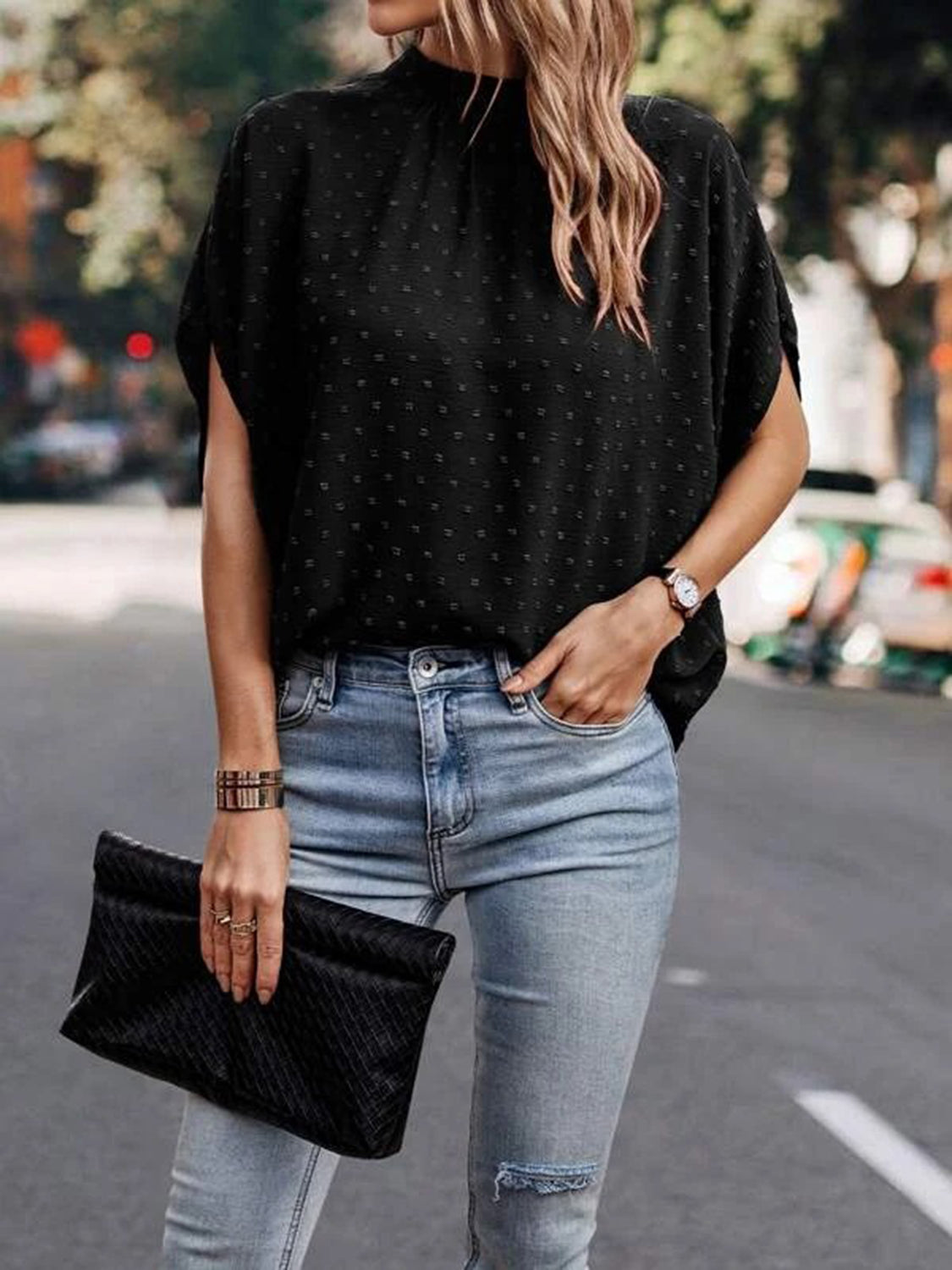 Swiss Dot Mock Neck Half Sleeve Blouse - More Colors! - In Style Chics Boutique LLC