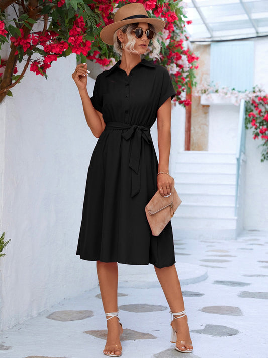 Buttoned Tie Waist Short Sleeve Dress - More Colors! - In Style Chics Boutique LLC