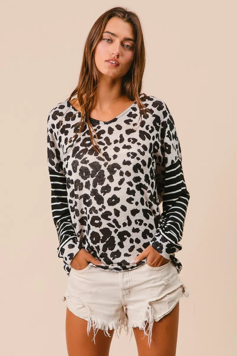 Leopard Hacci Knit Twist Back Top With Stripe Sleeve, In Style Chics Boutique