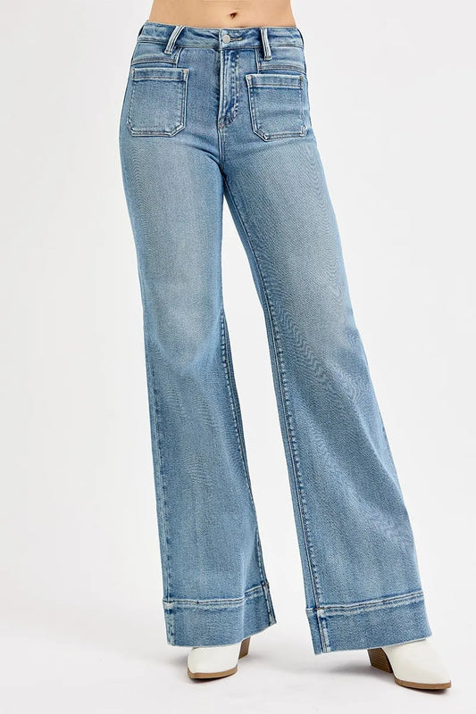 RISEN High Rise Wide Flare Jeans with Patch Pocket - In Style Chics Boutique
