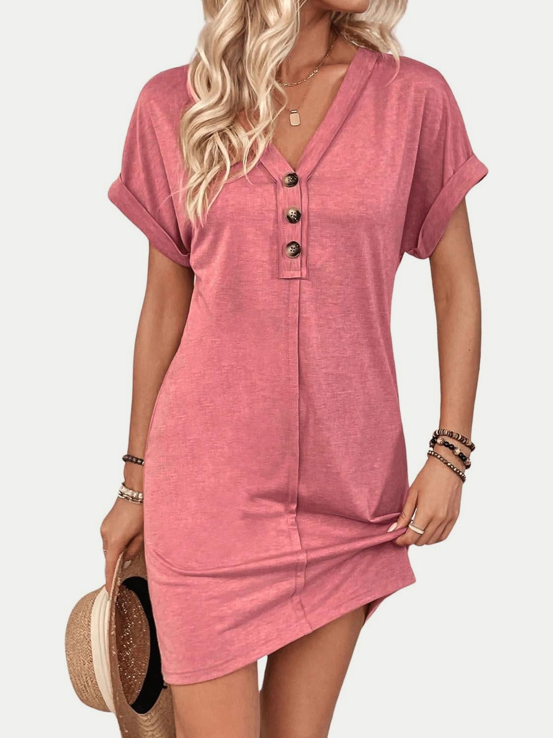 Quarter Button V-Neck Short Sleeve Dress - More Colors! - In Style Chics Boutique LLC