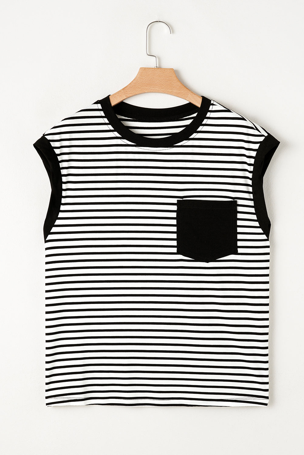 Black Stripe Chest Pocket Patch Round Neck Sleeveless Tee - Cute Clothes for Spring Summer - In Style Chics Boutique Women's Juniors Apparel Online