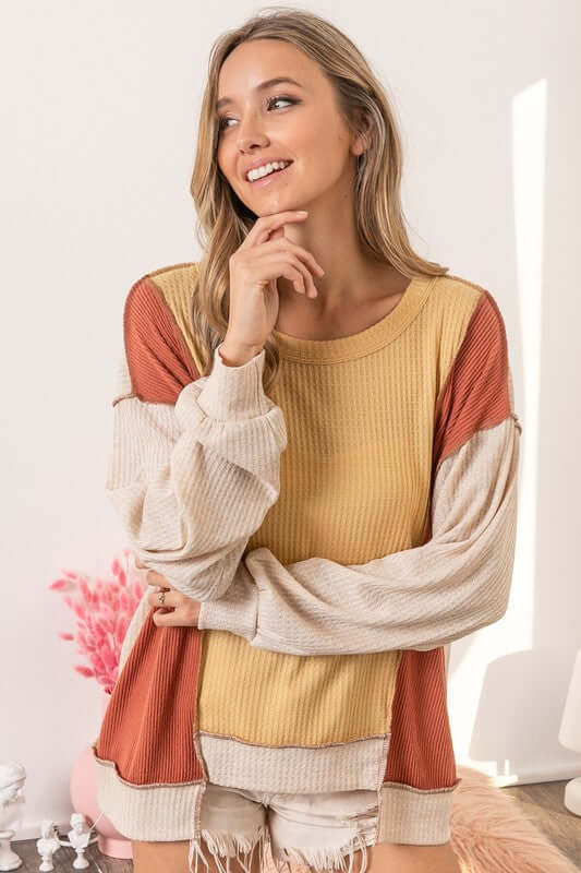 BiBi Waffle-Knit Exposed Seam Color Block Uneven Hem Top - Cute Clothing Online - In Style Chics Boutique Women's Juniors
