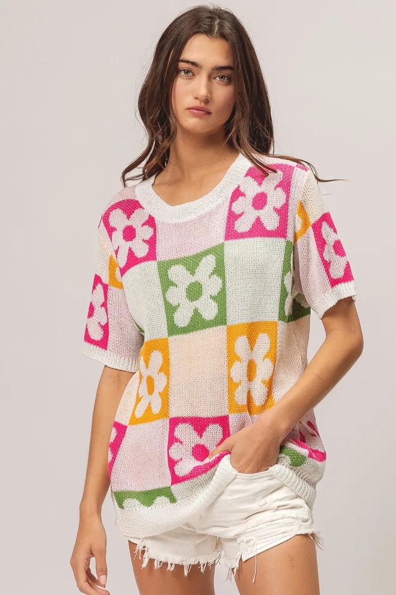Sweater Top, Flower Checker Pattern Lightweight In Style Chics Boutique Where to buy stylish women’s clothes